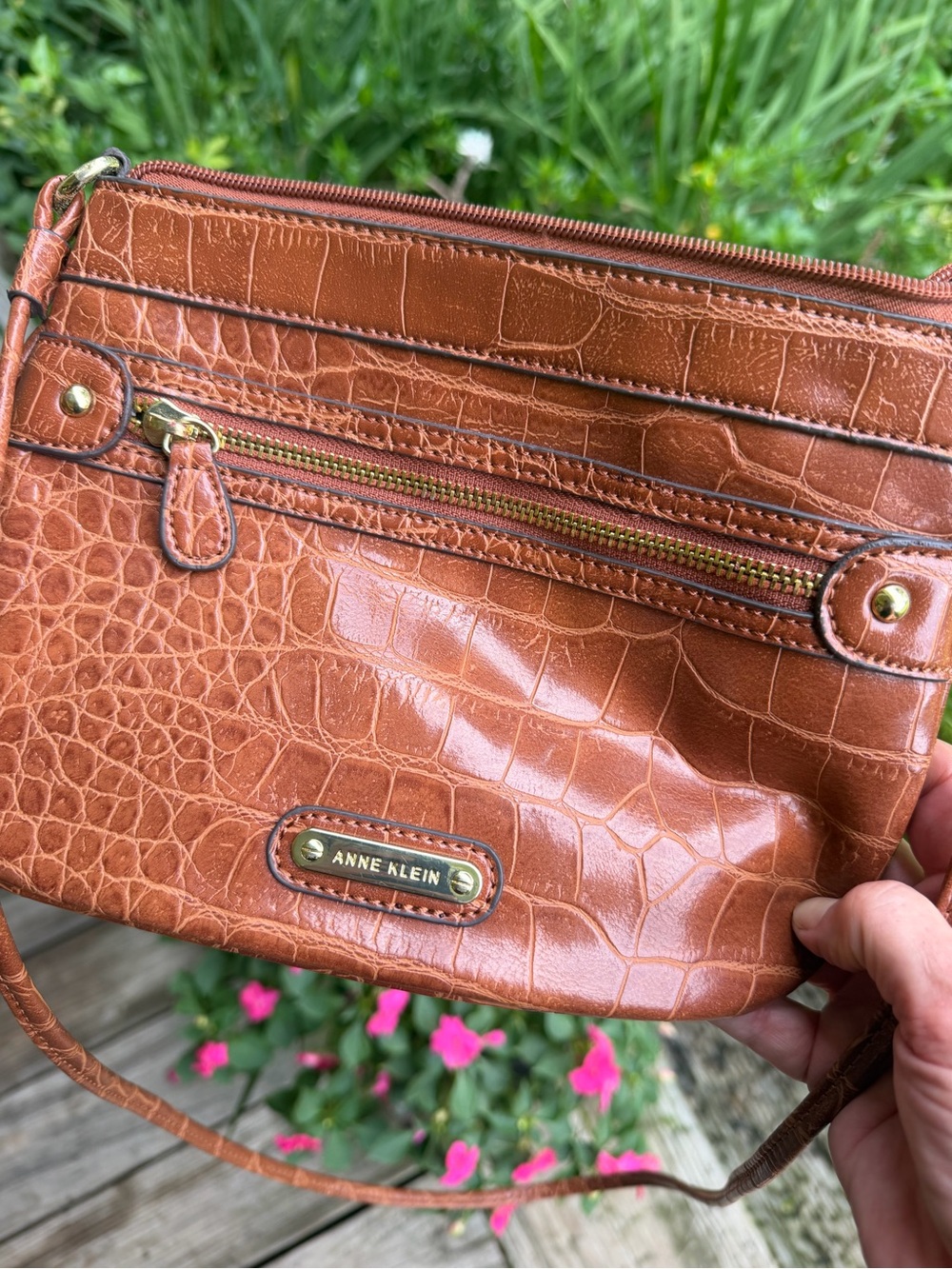 Anne Klein Tan Croc-Embossed Crossbody Bag with Gold Hardware